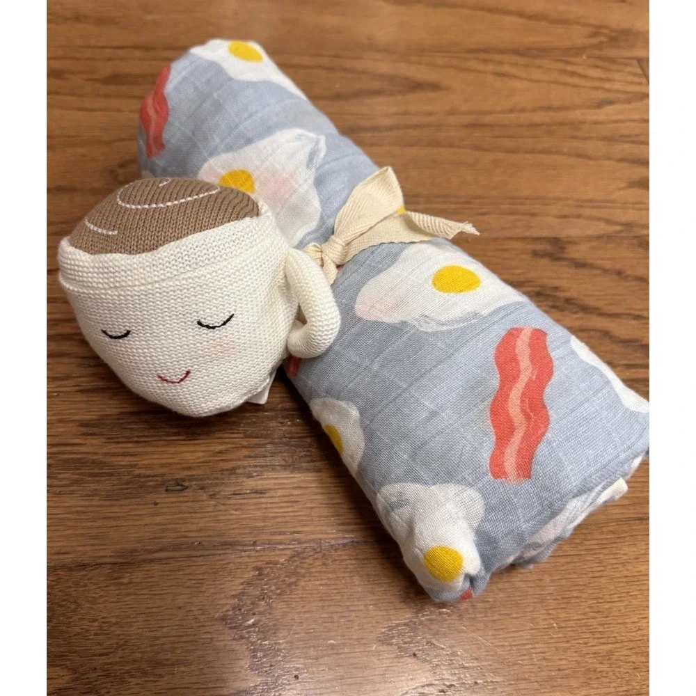 NEW Boutique Mud Pie‎ Girl Boy Bacon Eggs Muslin Blanket Rattle Set 47 X 47 NWT
